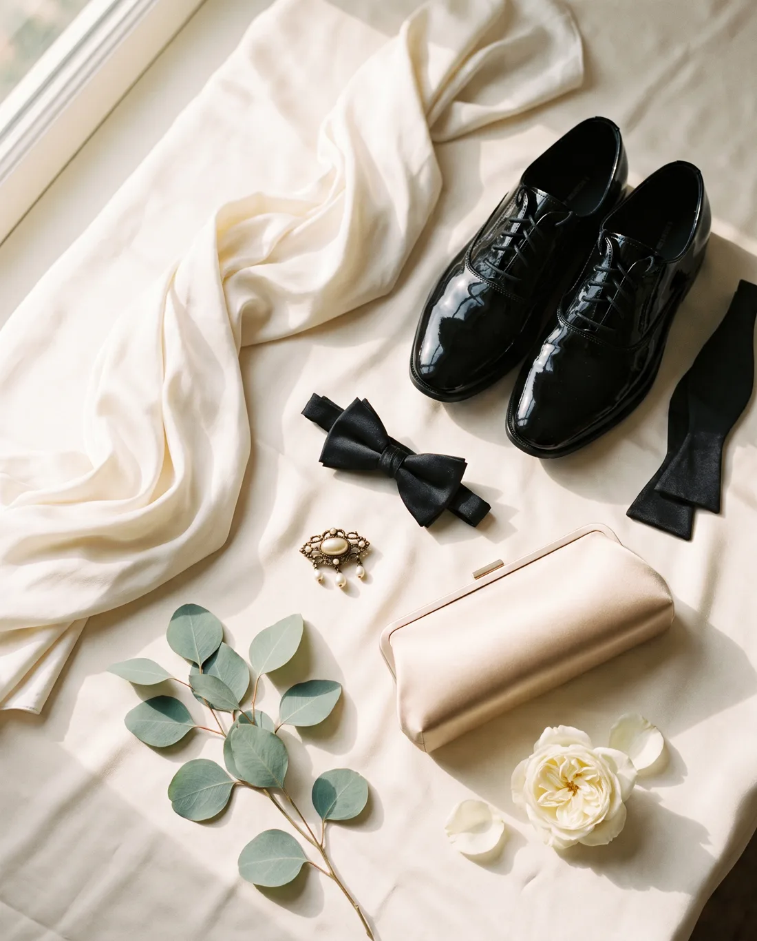 Seide, Schuhe, Fliege, Brosche und eine weiße Rose auf cremefarbenem Stoff
